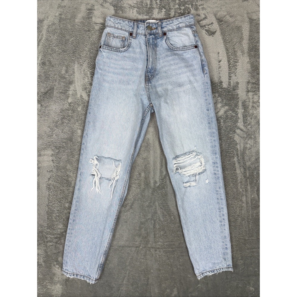 Zara Jeans Women Sz 2 Strait Leg Denim High Rise Distressed‎ Casual Grunge 25x27
